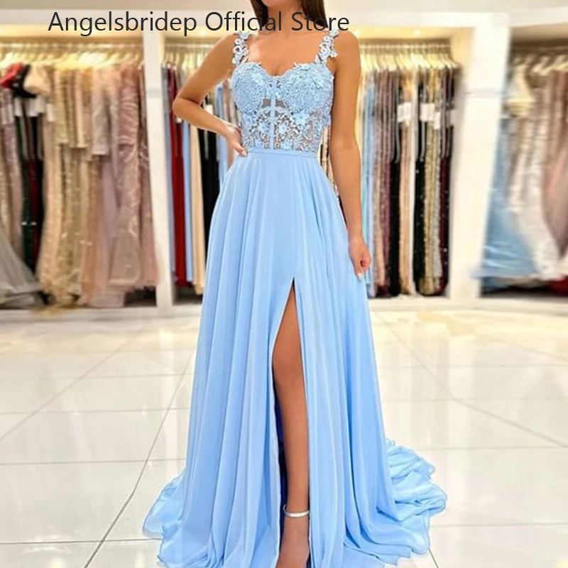 

Angelsbridep Elegant Chiffon Prom Dress Luxury Flowers Slit A-line Evening Gowns Straps Party Dress Vestidos De Ocasión Formales