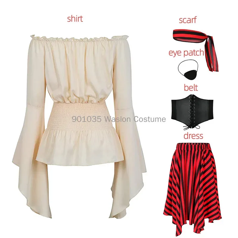

COSda@Caribbean Women Pirates Cosplay Costume Tops Skirt Bracelet Patch Scarf Slik Stockings Girdle Full Set Halloween Carnival