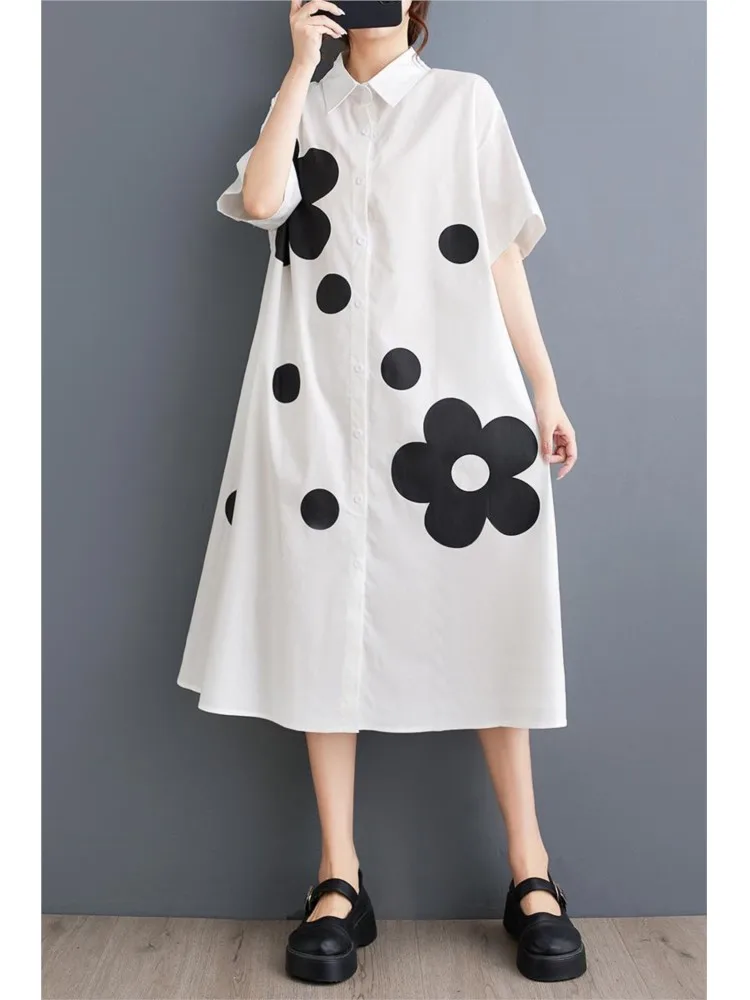 Oversized Summer Midi Shirt Dress Women Flower Polka Dot Print Fashion Casual Ladies Dresses Loose Ruffle Pleated Woman Dress