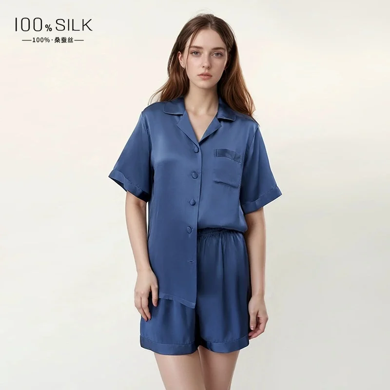 2025 Summer New Cross-border Silk Pajamas for Women - 100% Mulberry Silk Short-sleeve and Short-pants Loungewear Set that can be