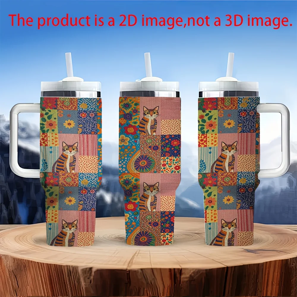 Halloween And Christmas 40Oz Insulated Stainless Steel Tumbler with Handle And Straw Lid, Retro Patchwork Cat Floral Print Reusable Water Cup, Suitable for Travel Home Office Car Outdoor Daily Drinking Use