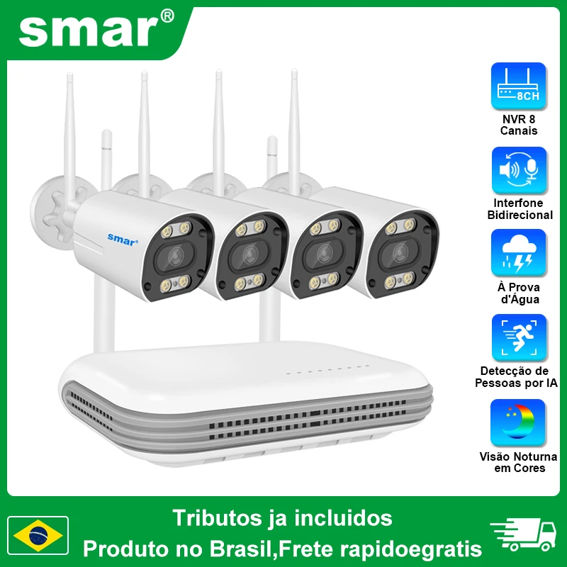 Sistema de CFTV Sem Fio Inteligente Kit de Câmera Wi-Fi 3MP/5MP HD com Áudio e Detecção Humana IP 8 Canais NVR Conjunto de Vigilância por Vídeo ICSEE