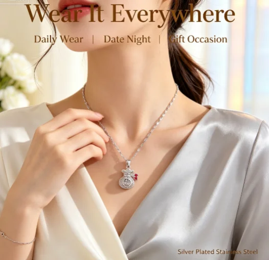 Gold Plated Stainless Steel Fu Fortune Bag Pendant Necklace, Chinese Style Hollow Zircon Money Pouch Clavicle Jewelry for Women