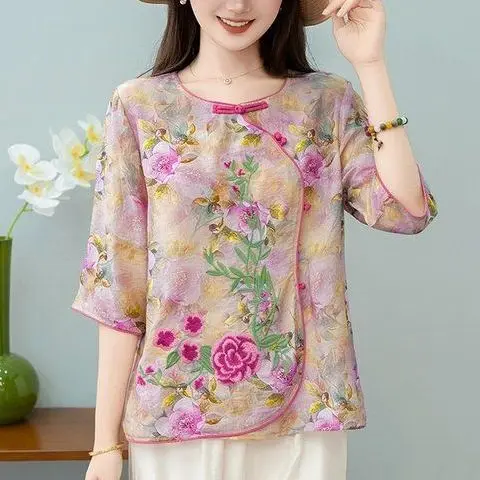 High-end ใหม่สไตล์จีน Retro ปักพิมพ์กลางแขนเสื้อผู้หญิงหลวมด้านบน