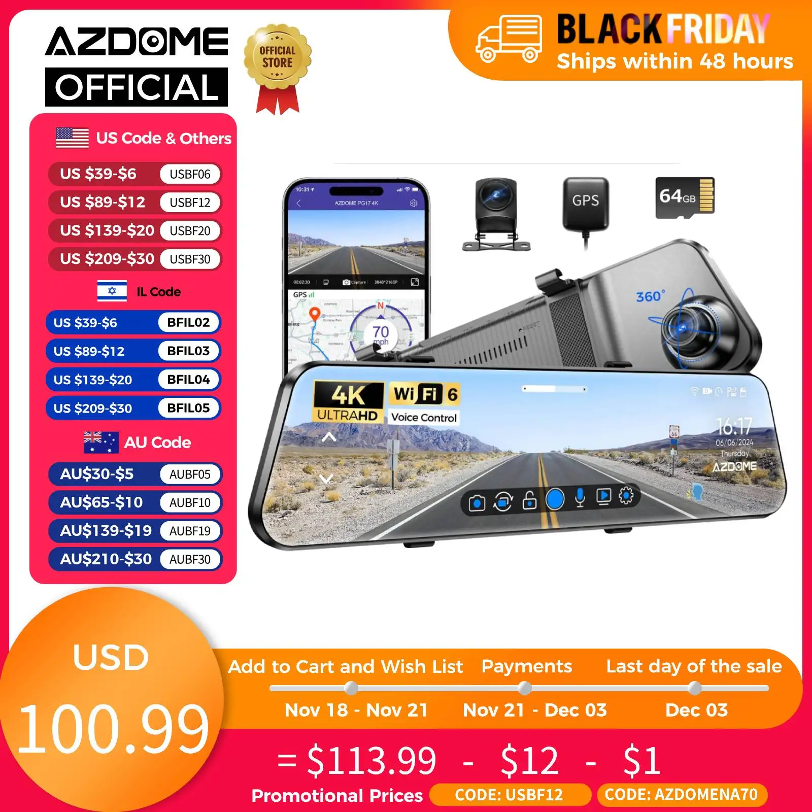 AZDOME PG17 4K Dash Cam 11.8'' Touch Screen RearView Cam Car DVR Dual-Channel GPS Wifi Video Recorder 24H Parking Modes Night Vi