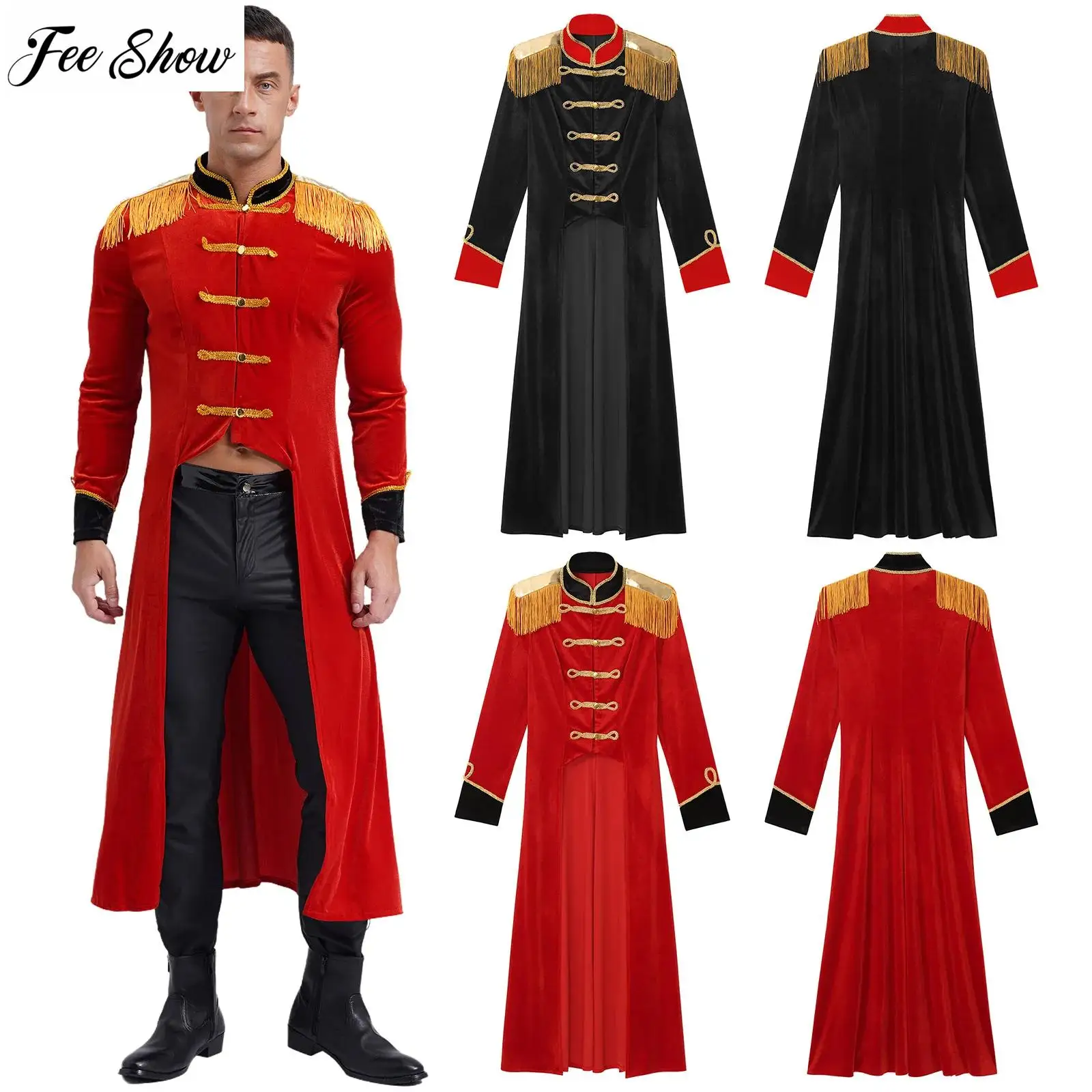 

Mens Circus Ringmaster Roleplay Costumes Soft Velvet Tailcoat Fringe Shoulder Boards Renaissance Gothic Jacket for Halloween