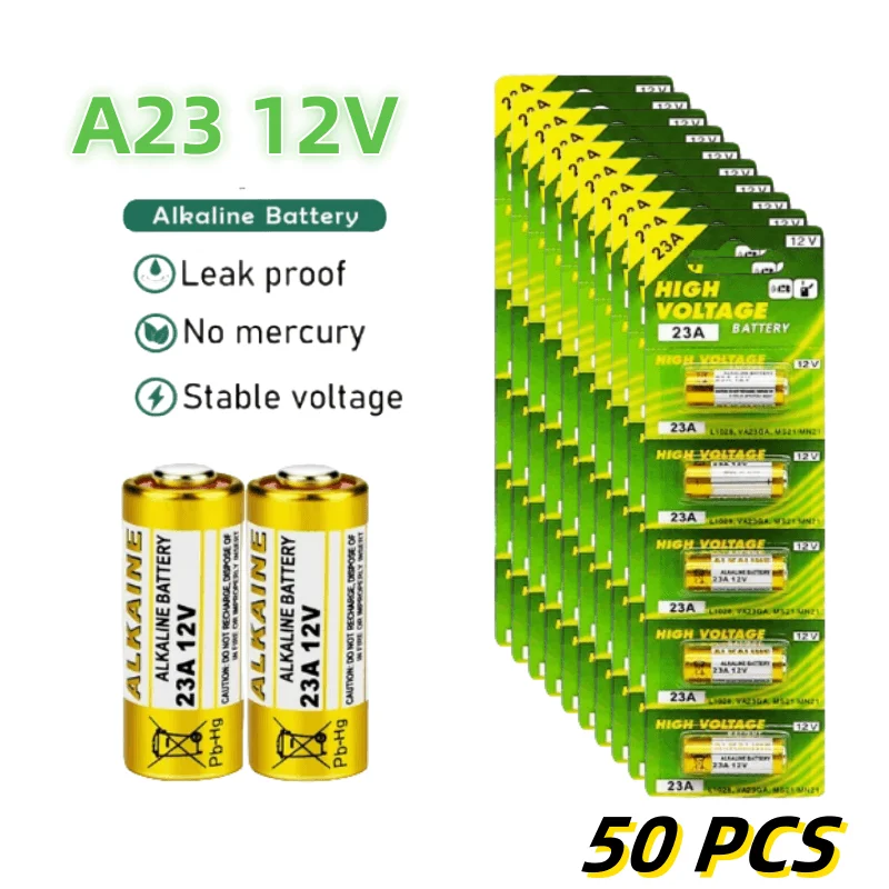 50PCS 12V Alkaline Battery A23 23A 23GA A23S E23A EL12 MN21 MS21 V23GA L1028 GP23A LRV08 For Remote Control Doorbell Dry Cell