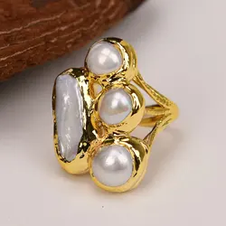 GG Natural Cultured White Biwa Keshi Pearl Rings Gold Edged Plated Adjustable Ring