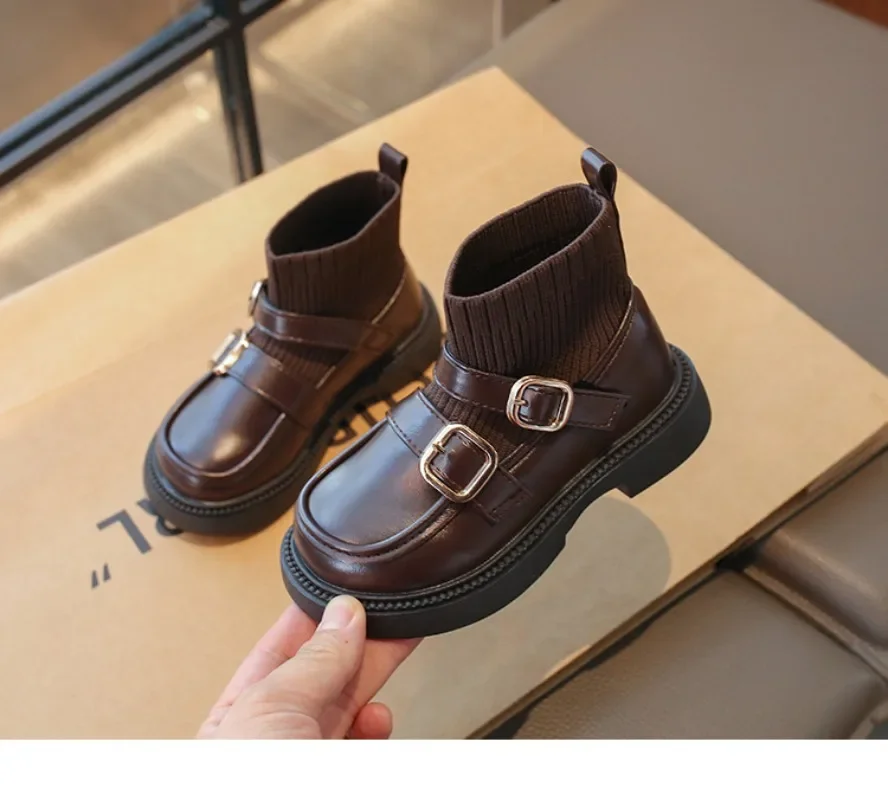 New Kids Elastic Sock Boots Girls Korean Style Fashion Princess Leather Boots Children Mid-Calf Short Boots Student Dance Shoes