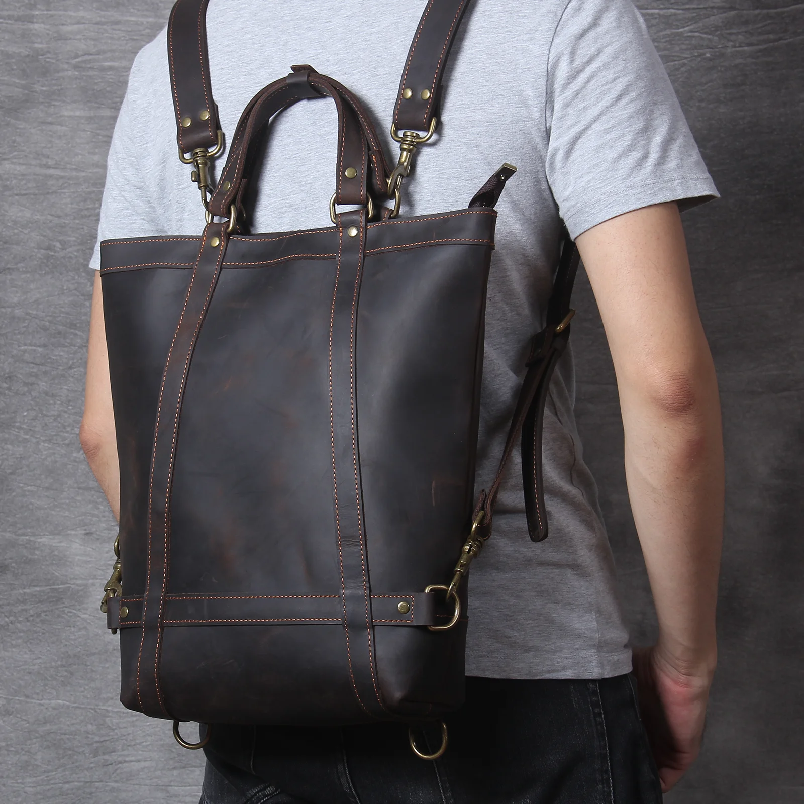 S.WORKER Vintage Vollnarbenleder Herrenrucksack 2-Wege-Tasche für Männer Echtleder Umwandelbarer Schulter- & Rucksack Tagesrucksack – Detail 6