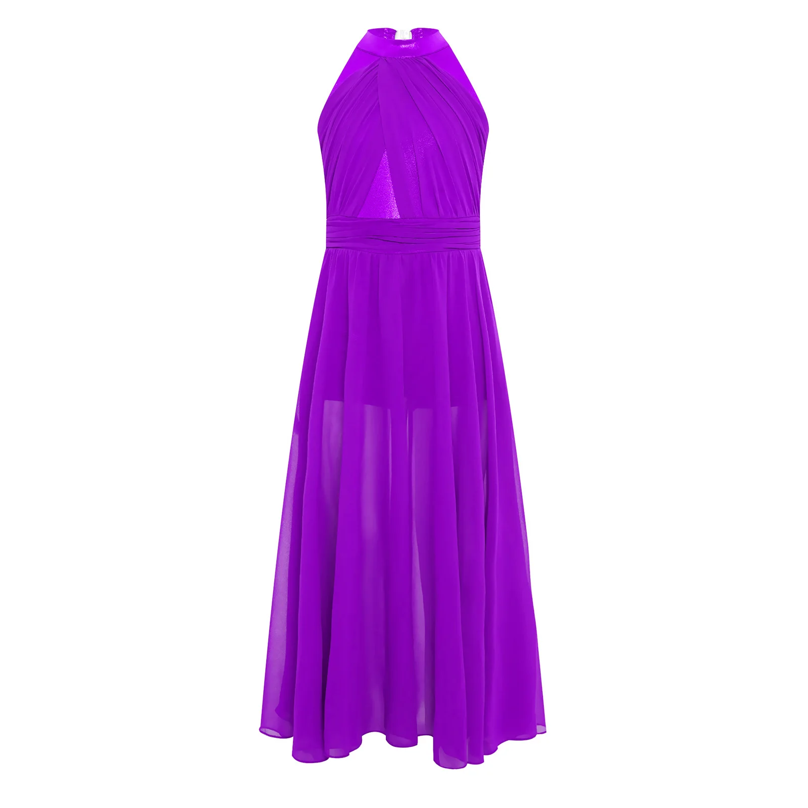 

Kids Girls Contemporary Lyrical Dance Dress Chiffon Dress Sleeveless Metallic Shiny Bodice Zipper Ruched Mesh Split Maxi Dress