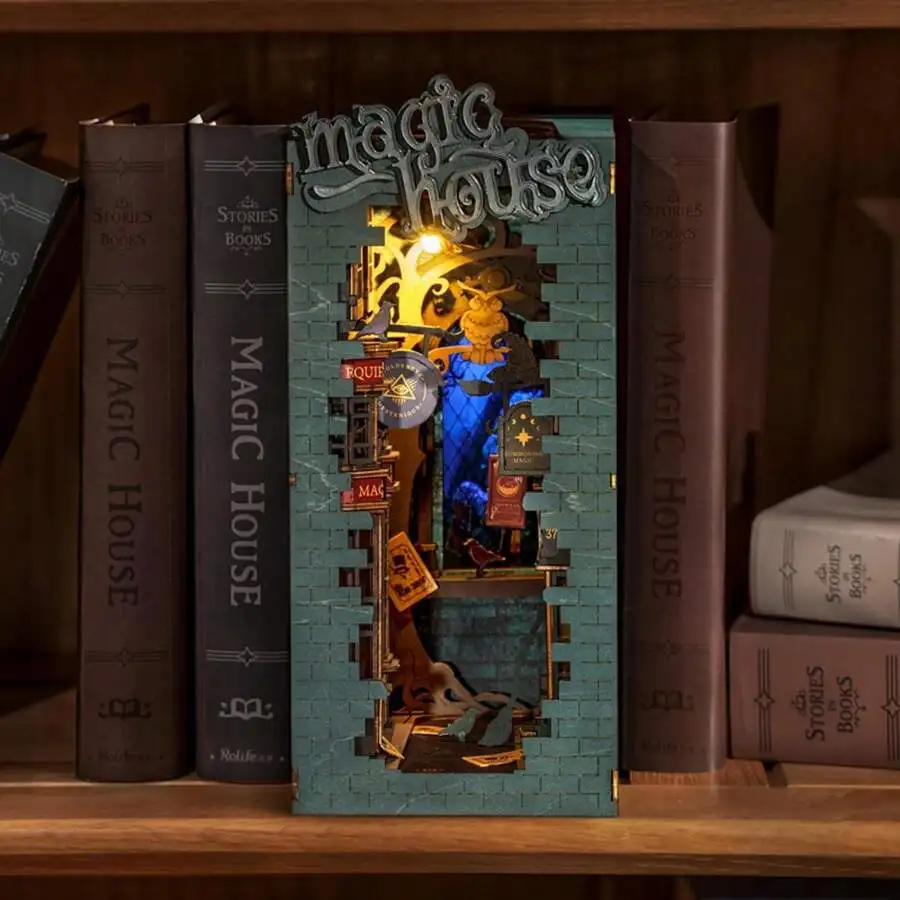 Rolife 3D Wooden Book Nook Bookend Toyhouse Set - Multi-Themed Puzzle House Model Building Kit With LED Lights And Dust-Proof Bo