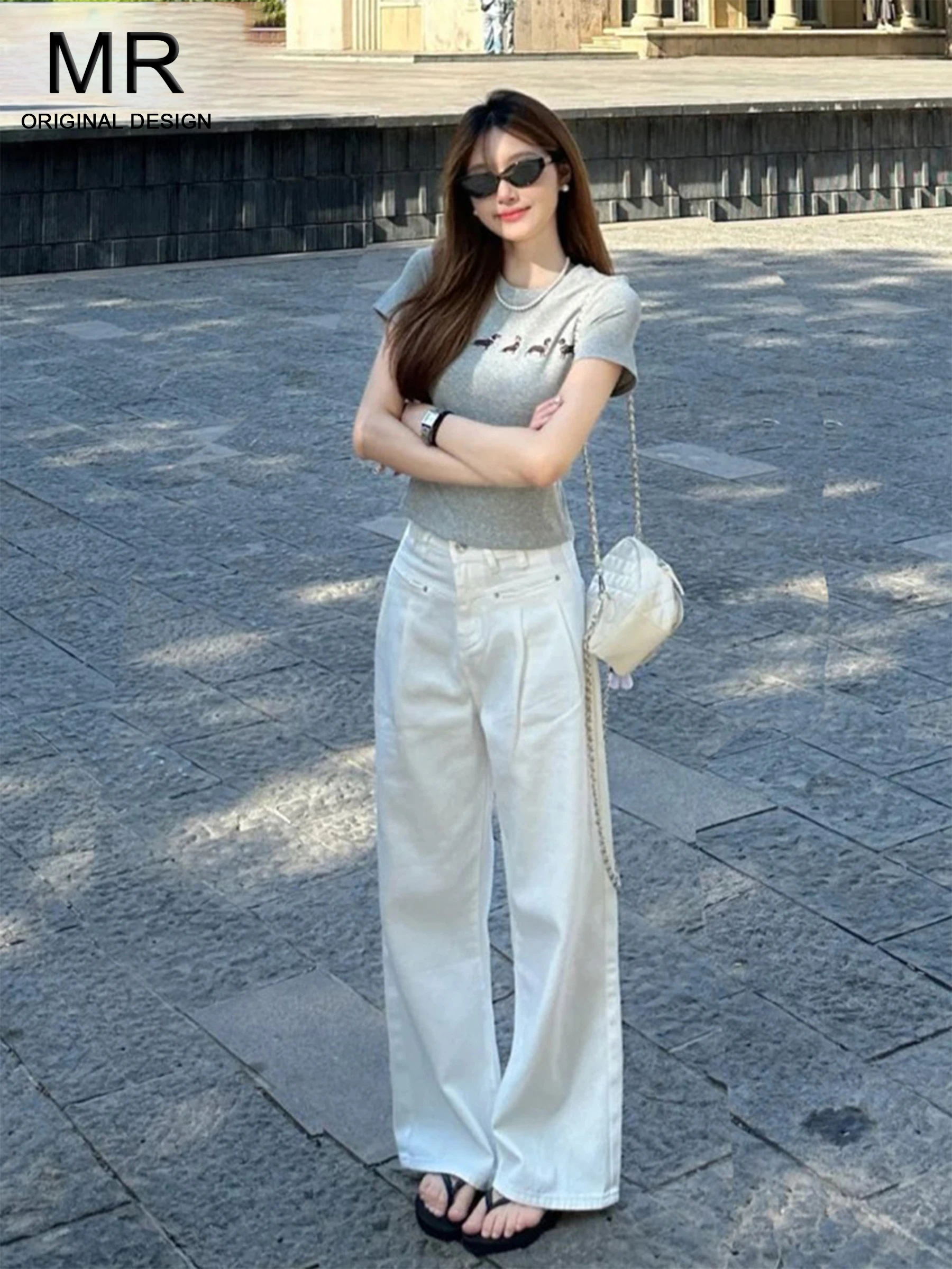 

Белые широкие джинсы женские, свободного кроя, летние, новые, с высокой талией, в пол, прямого кроя, износостойкие, повседневные, в американском стиле