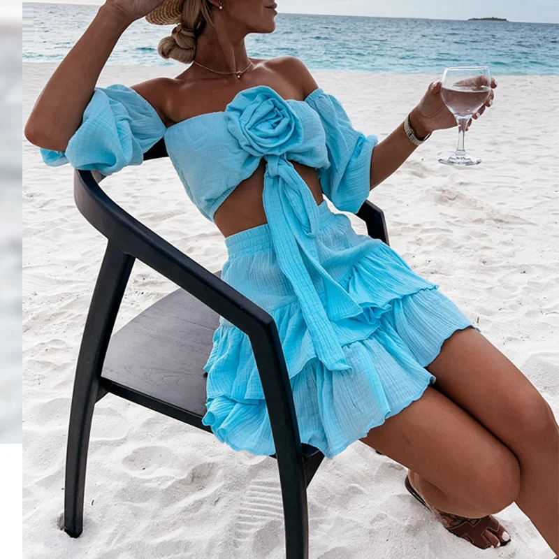 Women Fashion Boho Two Piece Outfit Summer Cotton Solid Beach Suit Sexy Flower Off Shoulder Crop Tops And Ruffles Mini Skirt Set