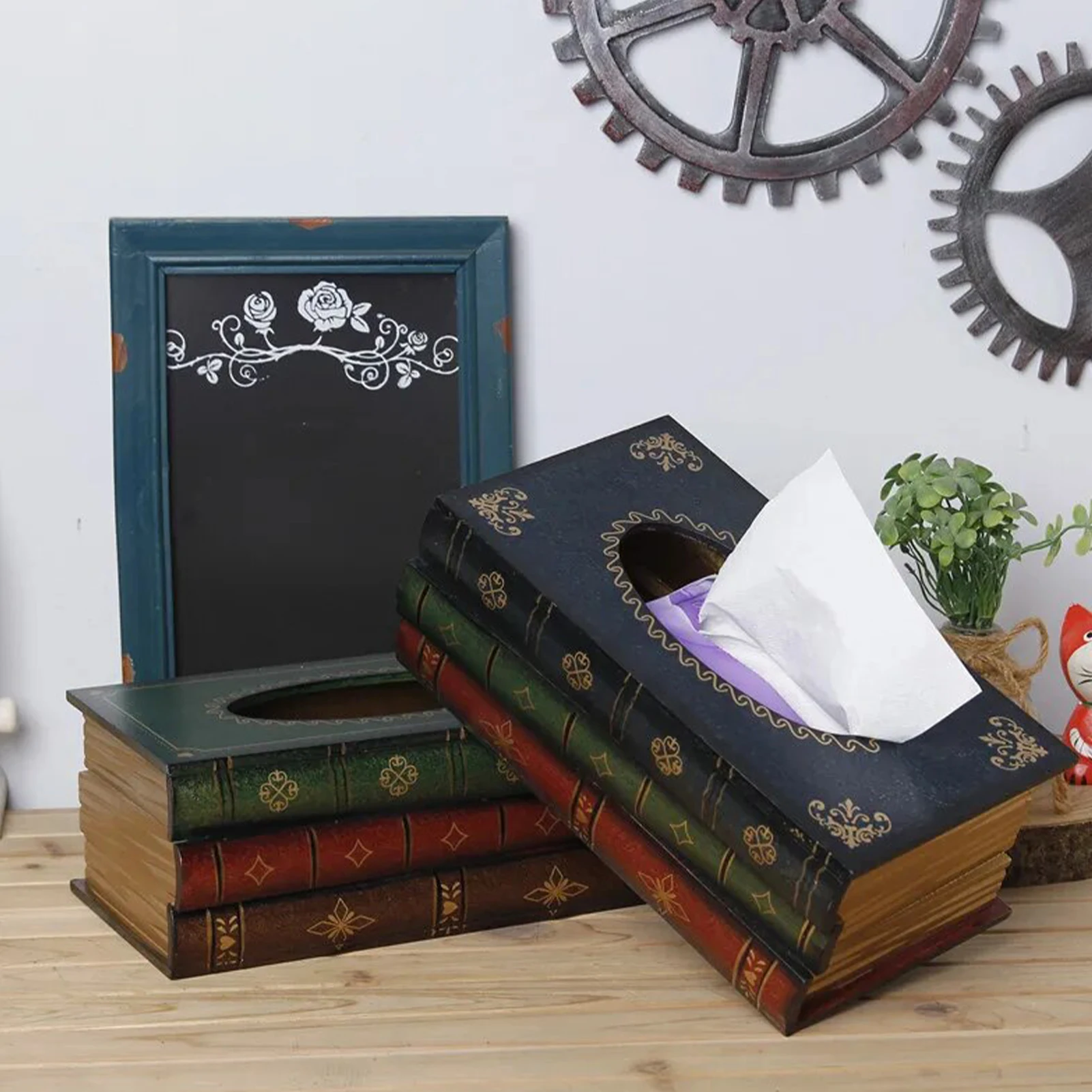 Vintage Wooden Tissue Box Holder with Book Shape Design Toilet Paper Organizer for Artistic Restaurant and Home Decoration