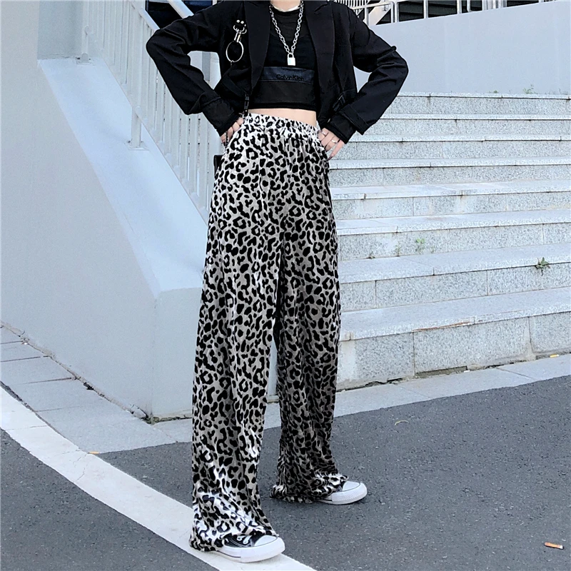 Veludo dourado leopardo imprimir calças femininas outono inverno nova cintura alta elástica baggy calças coreano vintage em linha reta ampla perna