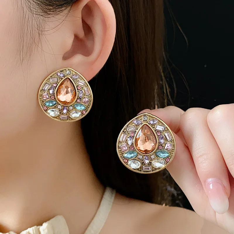 NISHIZAWA Colorful Diamond Earrings, Fashionable Niche Light Luxury Earrings, Medieval Palace Style Earrings