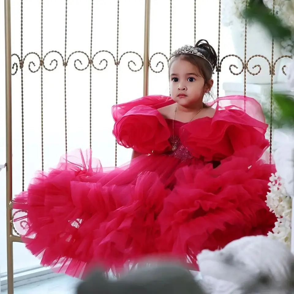 

Red Boho Baby Girl's Birthday Party Gowns Tulle Ruffles Flower Girl Dresses for Wedding Customized Kids First Communion Dress