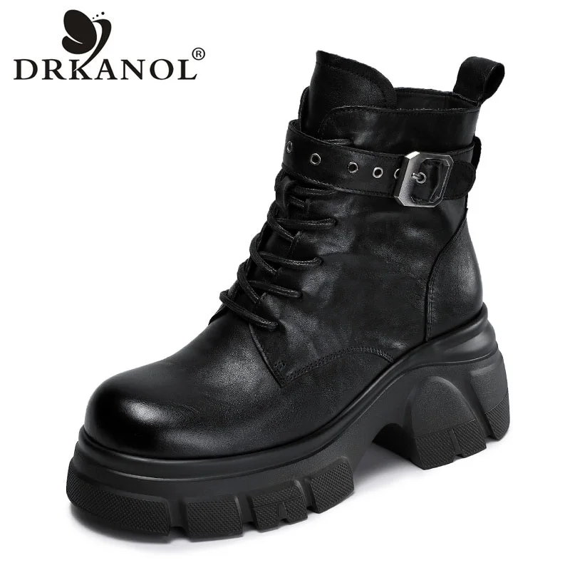 DRKANOL Women Height Increasing Ankle Boots Retro Style Genuine Cow leather Thick High Heel Autumn Winter Warm Platform Boots