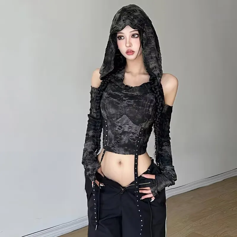 Shibuya Style Spicy Girl Y2k Top Off Shoulder Slimm Hoodie Gothic Langarm Hoodies Schwarz Vielseitiges Sweatshirt T-Shirt Damen