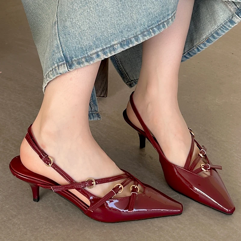 Wine Red Footwear Pumps Women Heels Pointed Toe Shoes Fashion Metal Buckle Ladies Heels Shoes Luxury Female Slingbacks Sandals