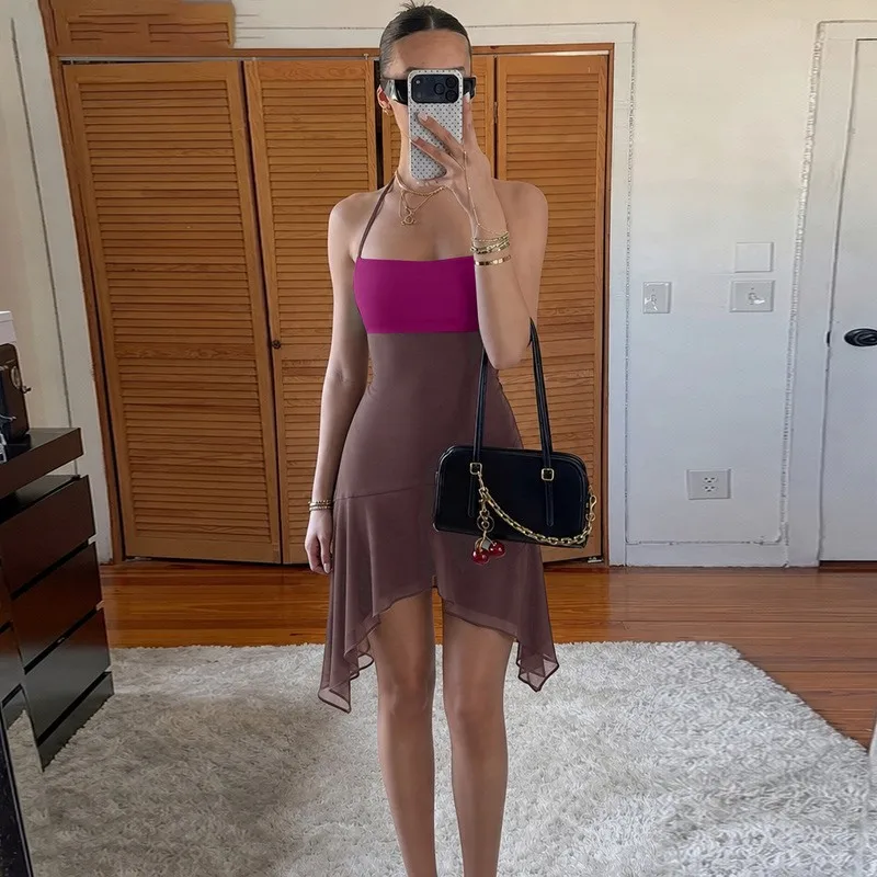 Asymmetrical Hem Patchwork Skirt Irregular Silhouette Individualistic Street with Sleeveless Slim Fit Streetwear Women Swimsuit