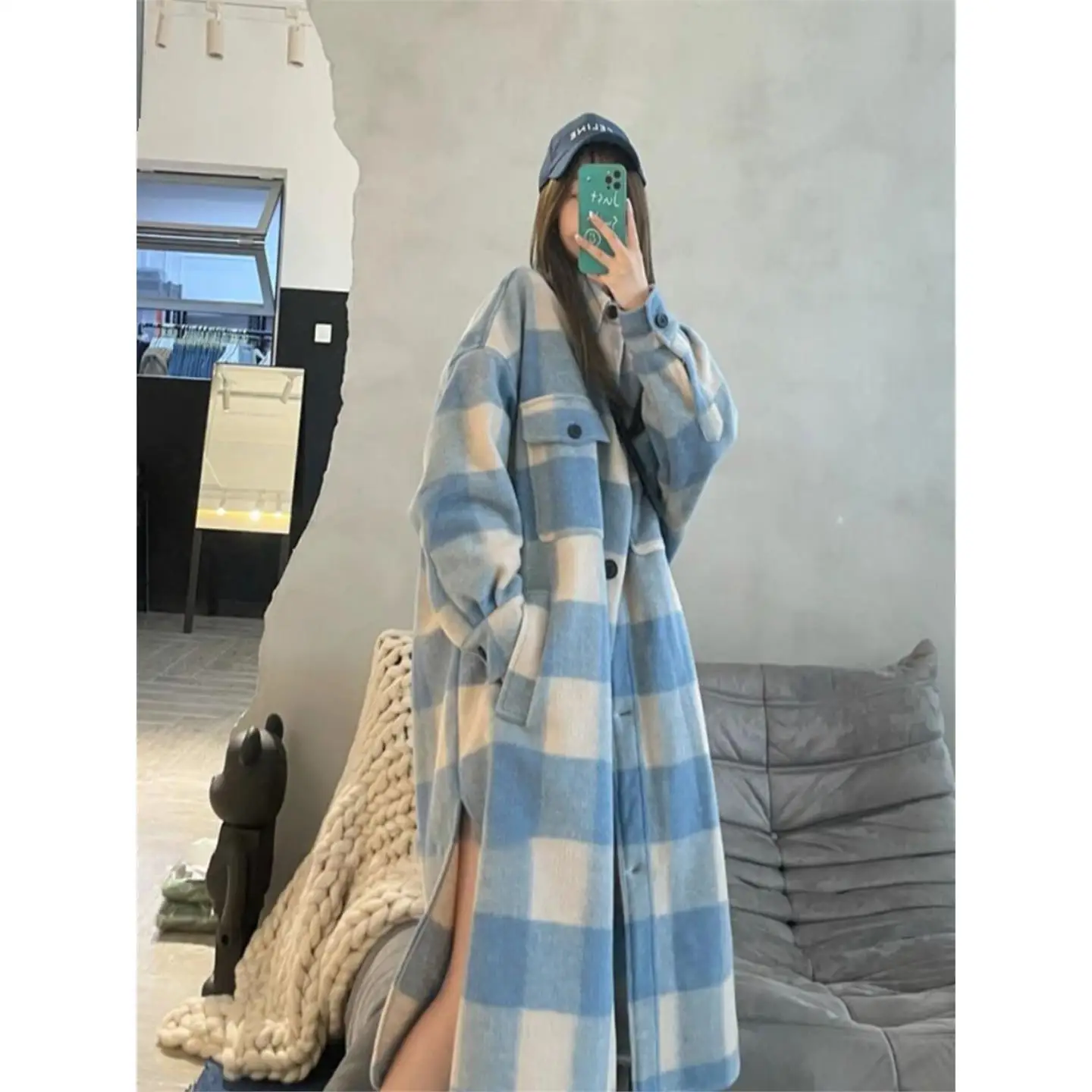 

Women's plus Size Winter Coat Blue Plaid Contrast Color Single Row Button Design Thiened Winter Faion Casual Outerwear