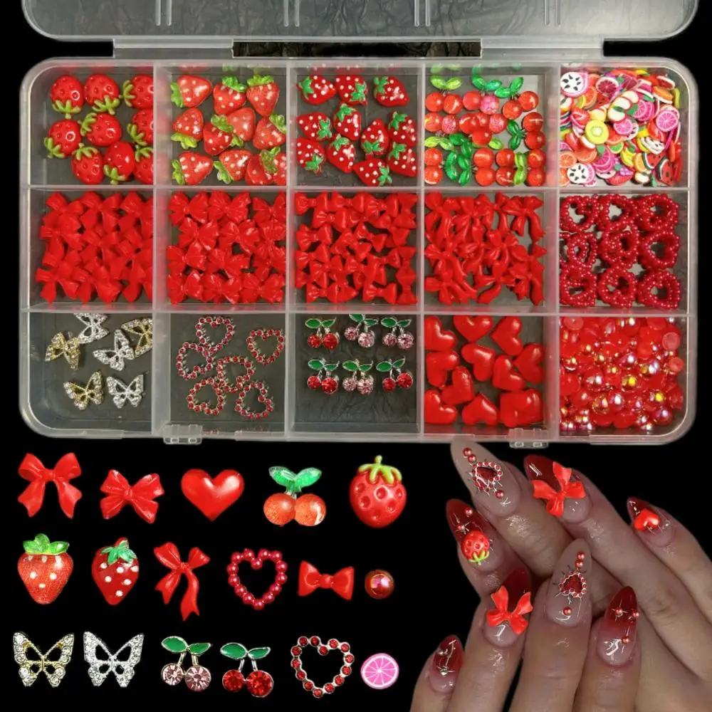 

1Box Creative Colorful Fruit Flakes Resin Nail Charms Minimalist Bow Heart Simulated Strawberry Mixed Nail Art Decorations DIY