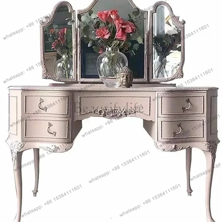 

American simple solid wood carved dresser French retro bedroom storage storage integrated makeup table