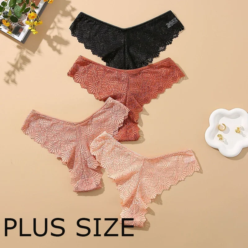 

3PCS Plus Size Women Solid Color Lace Thongs Low Waist Sexy G-string See-through Erotic Thong Female Sexy Lingerie Large Size