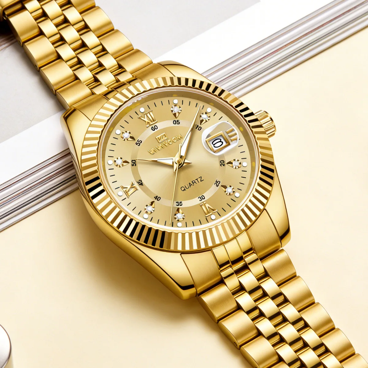 Golden Gorgeous Men Watch 40mm Gold Gear Ring Dual Color Stainless Steel Business Clock Rhinestone Fashion Couple Watches Reloj