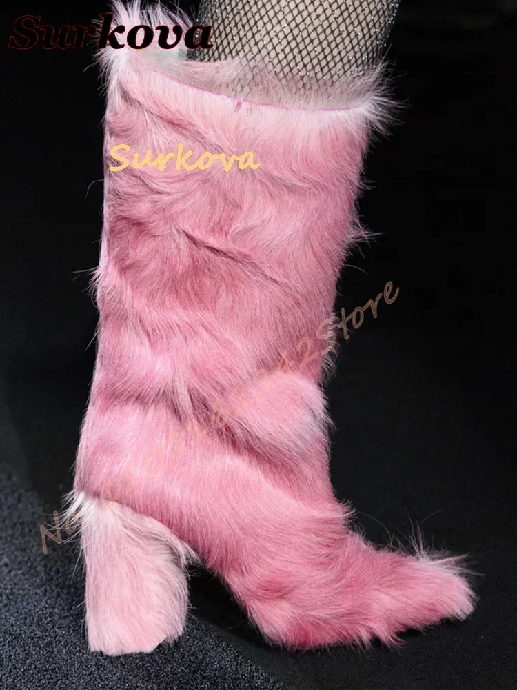 Pink Fur Snow Boots Round Toe Thick Heel Side Zipper Winter Boots Warm Fashion Catwalk Modern Boots Elegant Fur Women'S Shoes 46 - view 5
