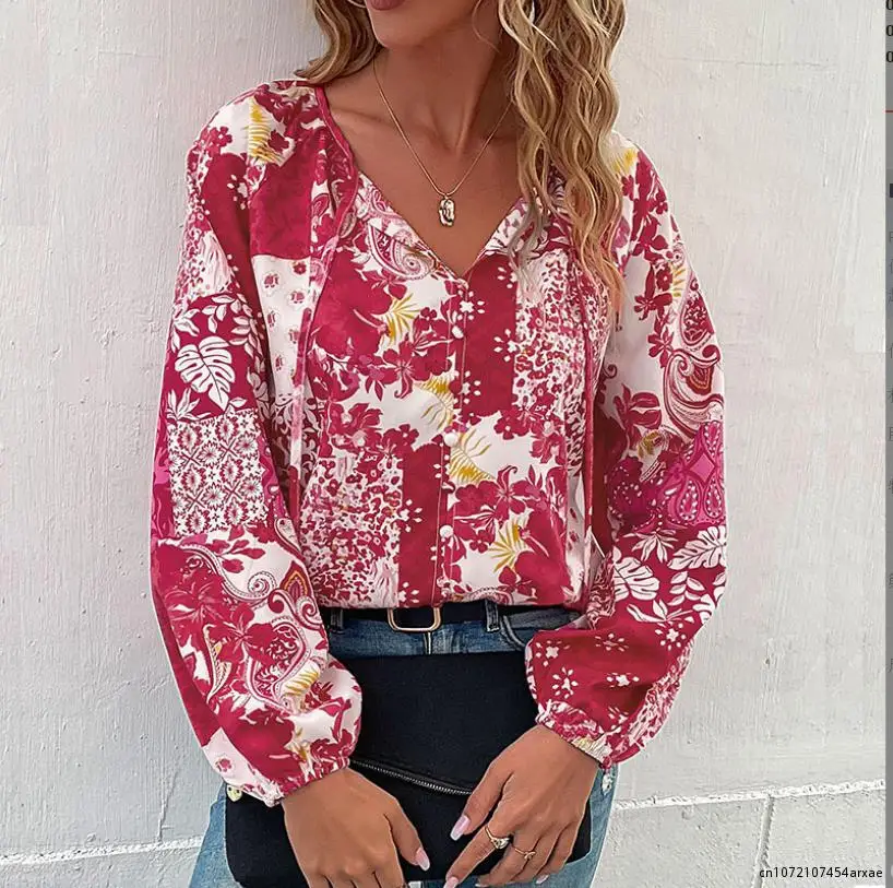 Spring Chiffon With Broken Flowers Blouse Shirts Women's Loose V-neck Long Sleeve Top Up Shirt Long Sleeve