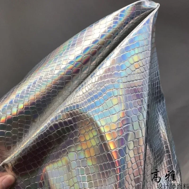 PU Silver Laser Leather Fabric Crocodile Pattern Illusion Paint Stage Performance Clothing Material Christmas Supplies Cloth