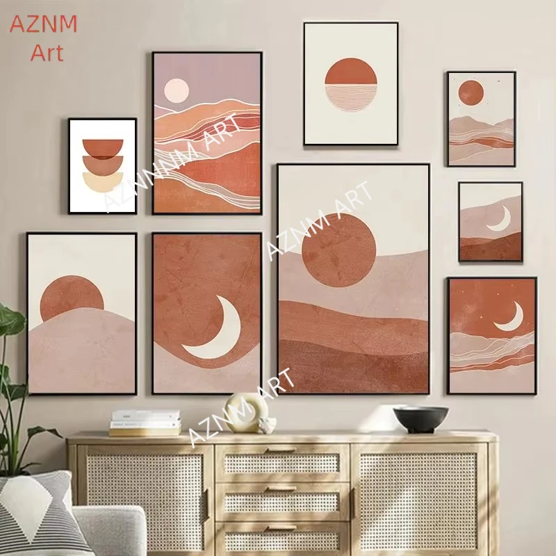 Mid Century Sun Moon Boho Wandkunst Terrakotta Abstrakte Landschaft Leinwanddruck für Wohnzimmer- und Schlafzimmerdekoration