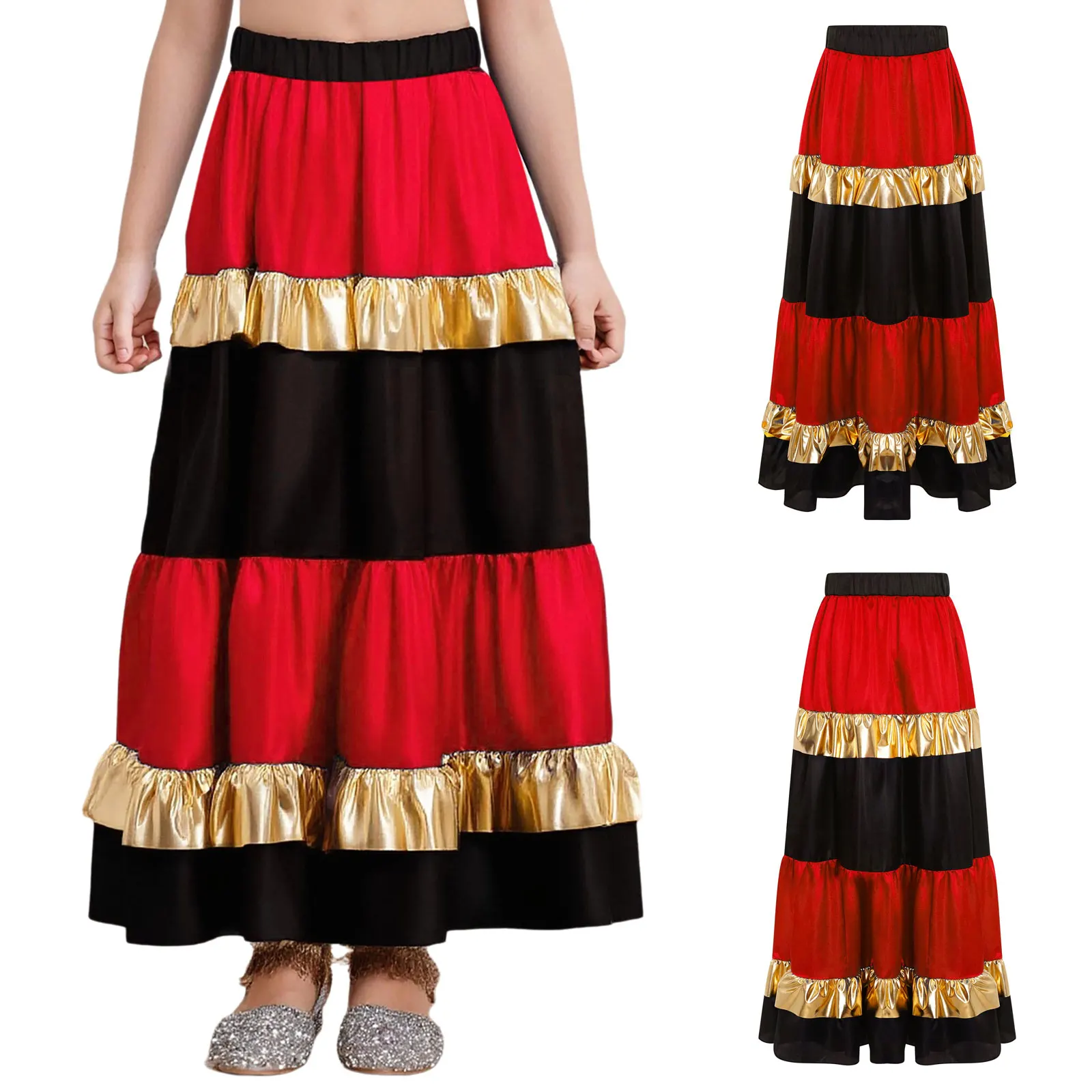Costume da flamenco spagnolo per bambina, gonna lunga in raso con altalena grande per Paso Doble, ballo latino, sala da ballo, valzer, festa di carnevale di Halloween