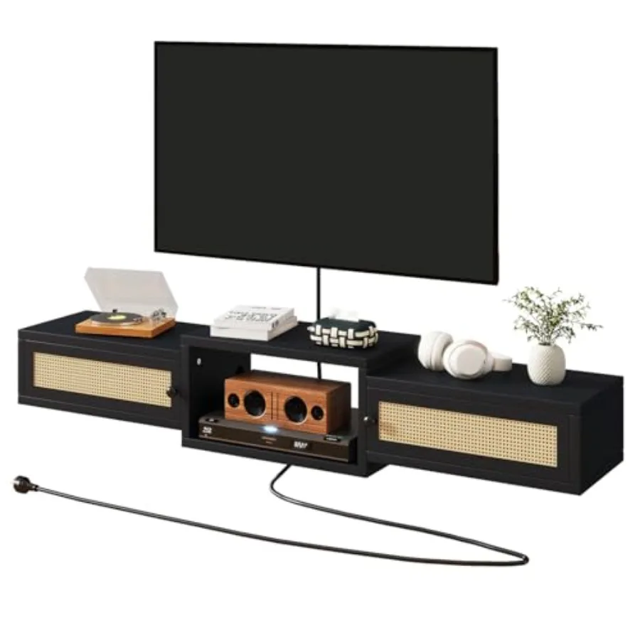 

Modern Rattan Floating TV Stand with Doors Wall Mounted TV Shelf for TVs up to 55 Inches Media Console Entertainment Cen