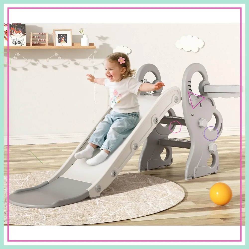 

Foldable Toddler Slide with Basketball Hoop & Ring Toss, Indoor Outdoor Playset for Kids Ages 1-3, Gray White
