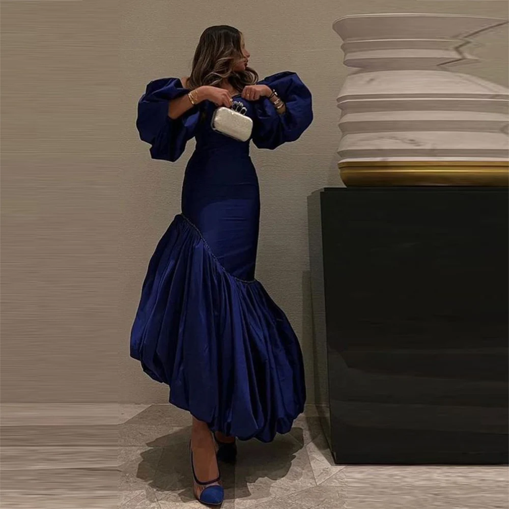 

Navy Blue Mermaid Evening Gowns Puffy Ruched Sleeves Satin Prom Dresses Women Formal Occasion Party Dress Formal Wear