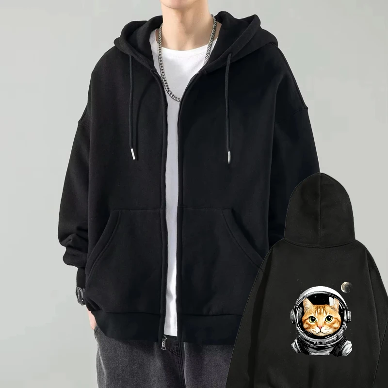 

Mens Hooded Jacket Black Cat Astronaut Print Casual Streetwear Outdoor Travel Fashion Coat