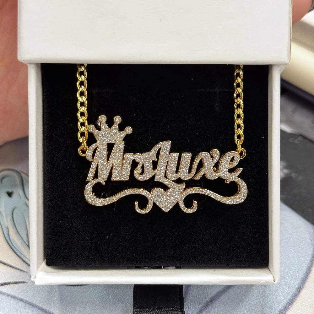DUOYING Custom Name Glitter Necklace Double Layer Crown Nameplate