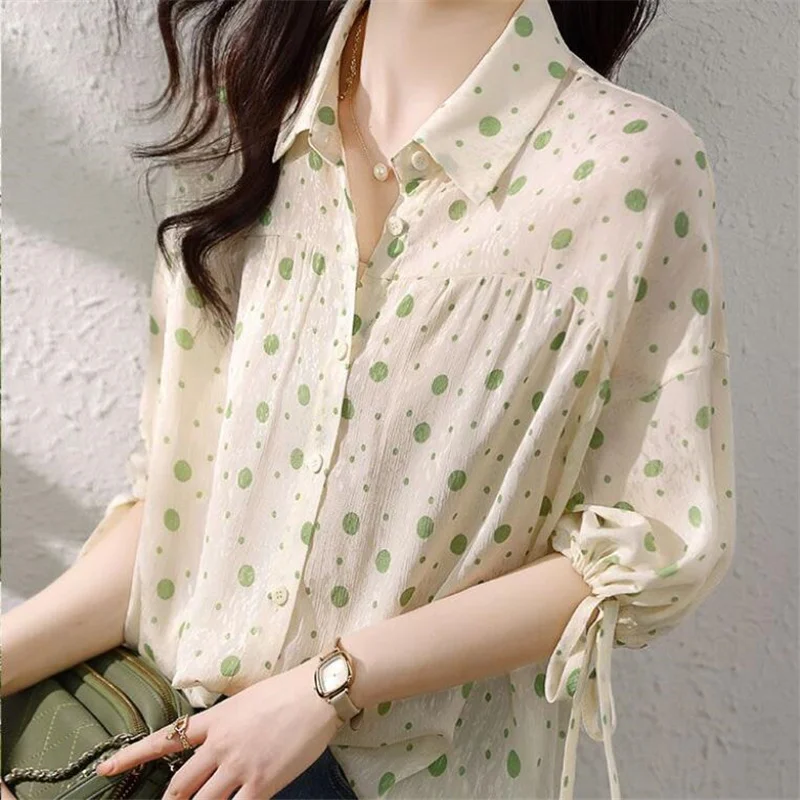 Dot Printed Top Half Sleeved Blouses For Women Button Up Shirt Lace Up Female Blous Fashion Pleated Blouses Grace Summer Shirt