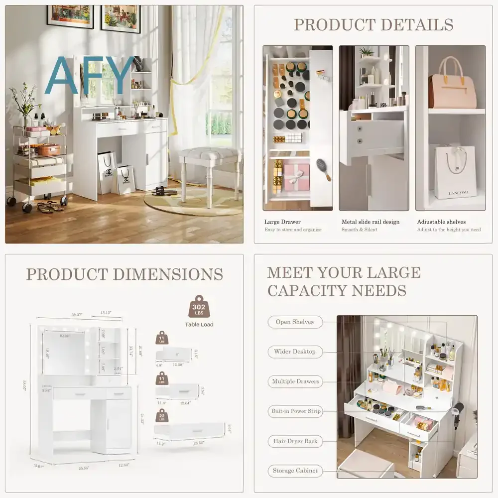 Dressing Table with Mirror and Light for Women Adjustable Brightness Vanity Table with Drawers Storage Shelves White Makeup