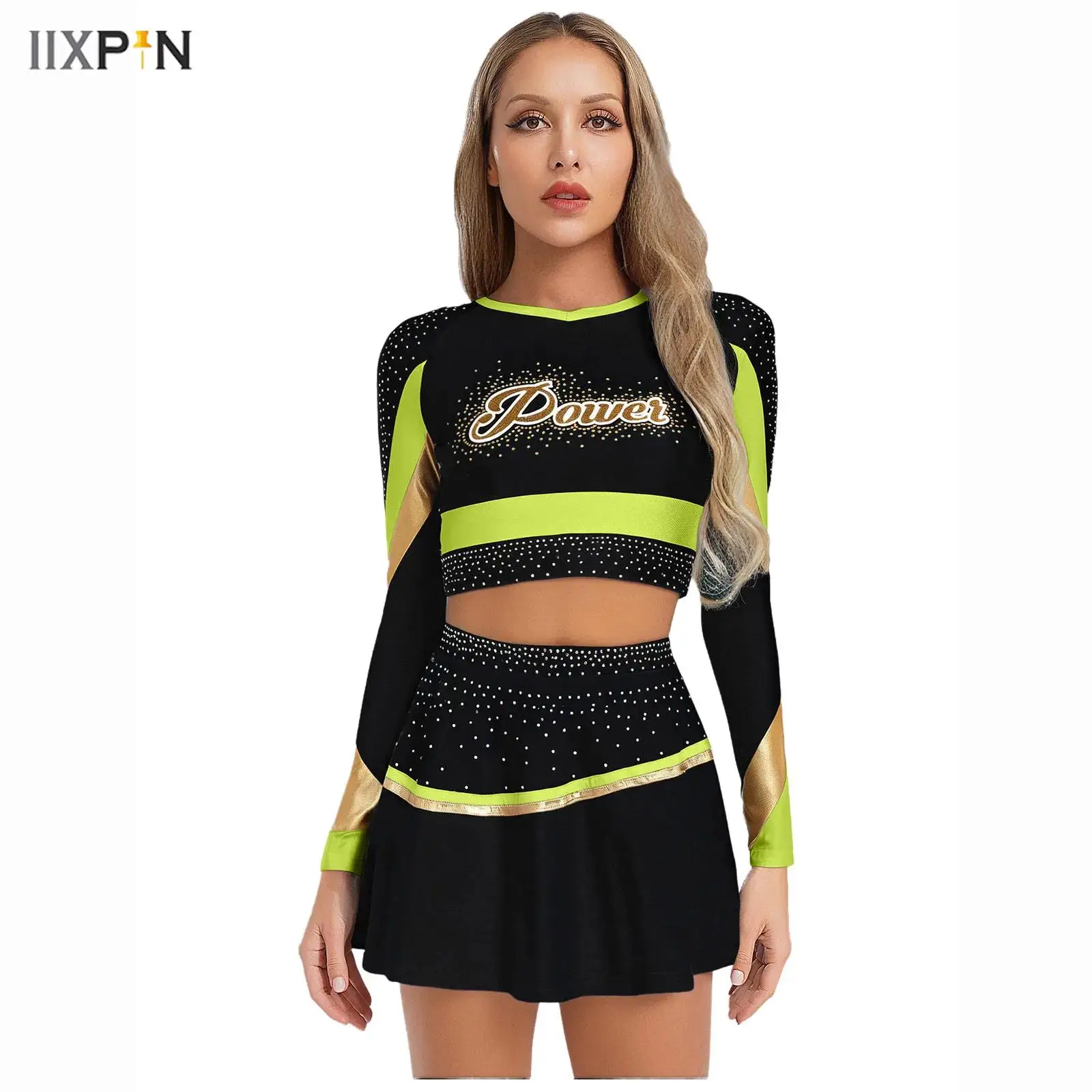 

Womens Girls Cheerleading Uniform 2-piece Cheer Outfit Long Sleeve Rhinestones Crop Top+Mini Skirt with Safety Shorts Dancewear