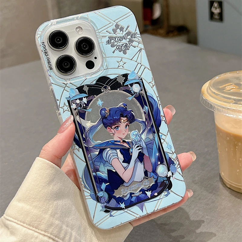 Cute Cartoon Sailors Moons Edged Phone Cases For Apple iPhone 15 14 13 Pro Max INS Soft Silicone Back Shockproof Protect Cover