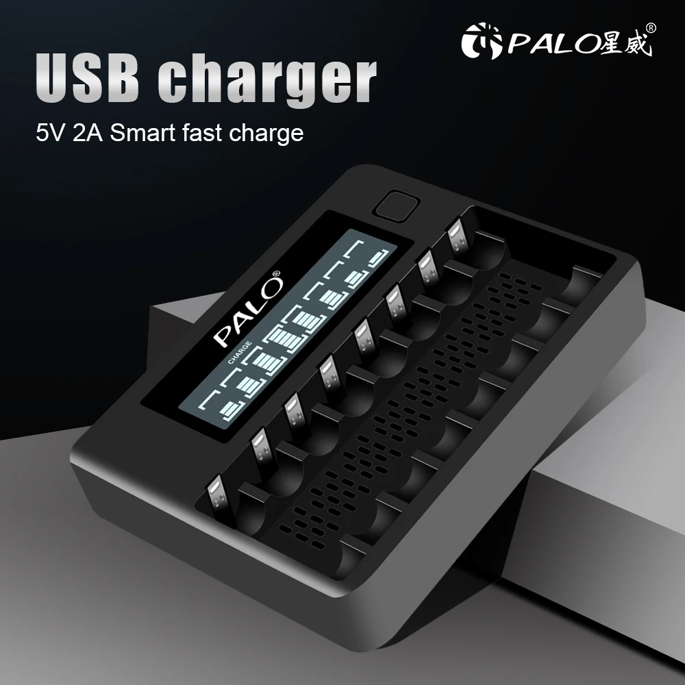 PALO 8 Slots Smart LCD display Intelligent Battery Charger Fast charge for 1.2V AA AAA 2A 3A Ni-MH NiCd Rechargeable Battery
