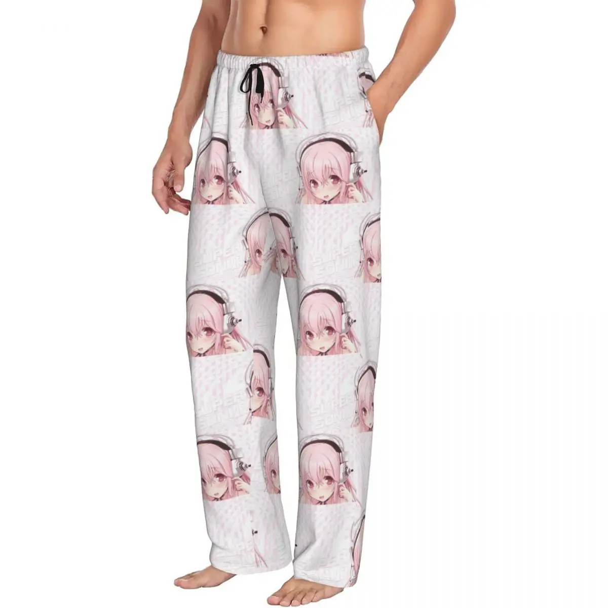 Custom Cartoon Super Sonico Game Cute Girl Men Pajama Pants Lounge Sleep Sleepwear Bottoms with Pockets