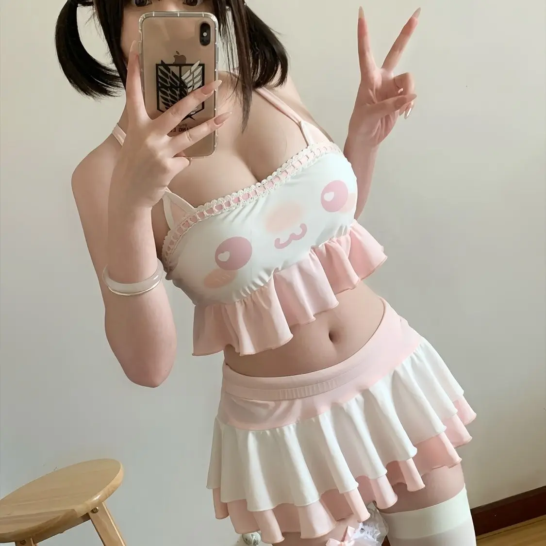 

Summer Japanese Cute Cat Letter Printed Women's Swimsuit Y2K Sexy Cute Sweetheart Girl Split Swimsuit Set