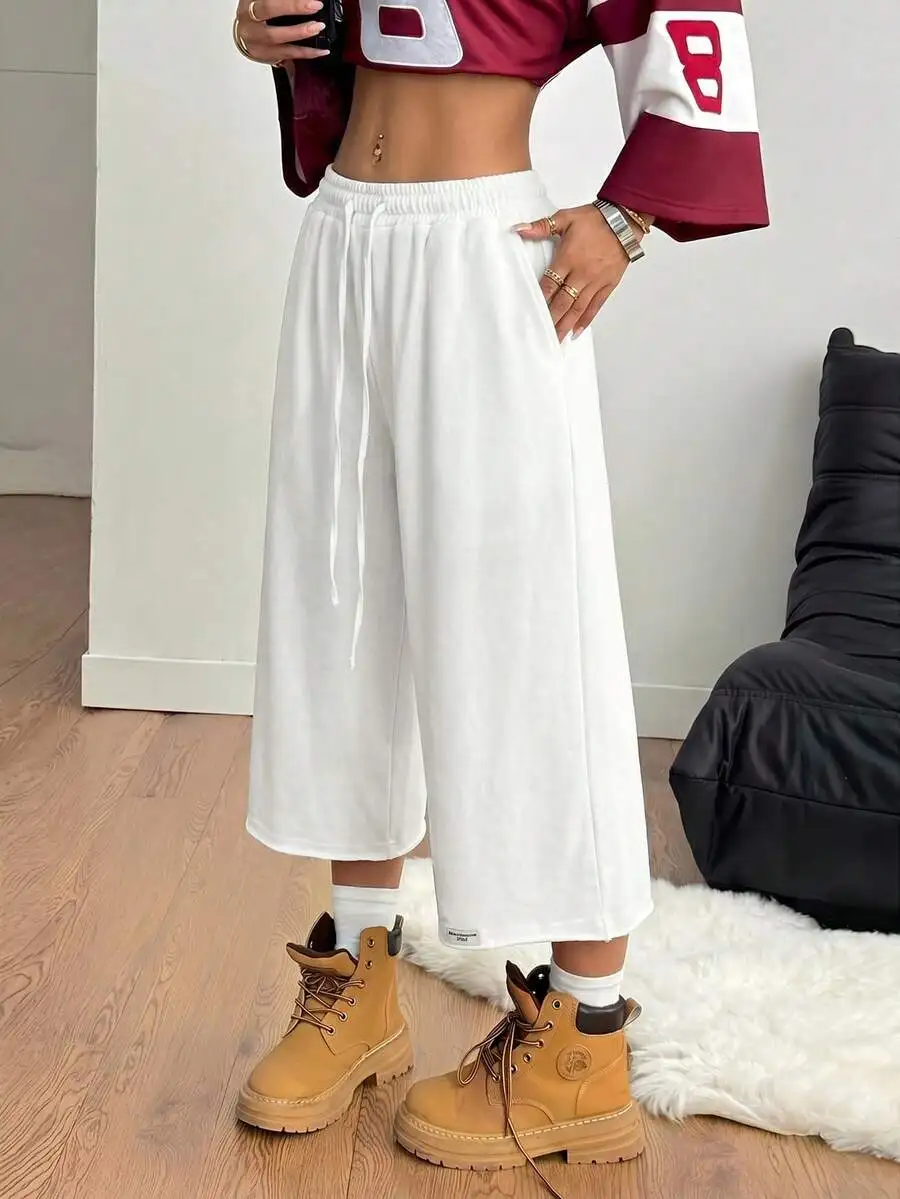 

White Wide Leg Capri Pants For Women, Loose Fit Streetwear Style, Comfortable Cotton Blend, Summer Spring Casual Wear
