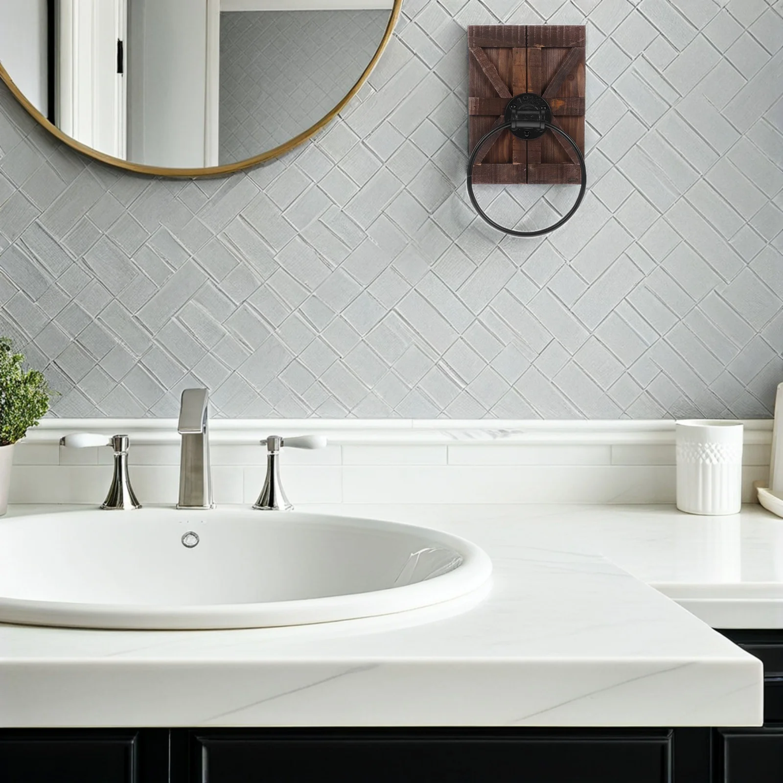 خمر ريفي منشفة اليد حلقة الحديد الحائط منشفة حامل الحمام المطبخ تخزين الرف البني الخشب دعم #6